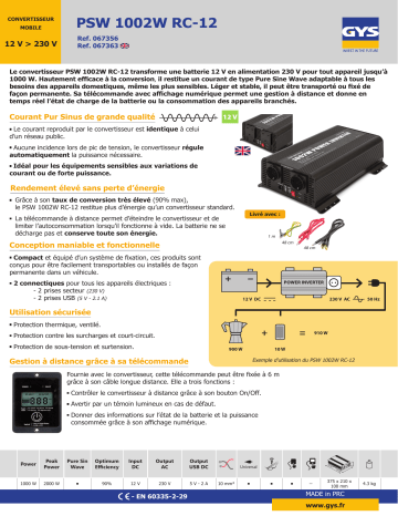 GYS INVERTER PSW 1002W - 12V - REMOTE Fiche technique | Fixfr