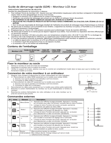 Acer EG220QP Monitor Guide de démarrage rapide | Fixfr