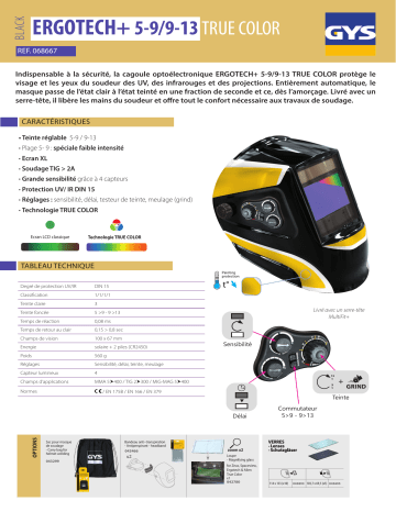 GYS LCD ERGOTECH+ 5/9-9/13 BLACK TRUE COLOR HELMET Fiche technique | Fixfr