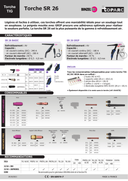 GYS TIG TORCH SR26 DB - 8M - AIR - CONNECT. EURO Fiche technique