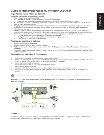 Acer XB273UNX Monitor Guide de démarrage rapide | Fixfr