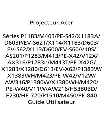 P1380W | X113 | P1383W | P1283 | H5380BD | X1383WH | Acer P1510 Projector Manuel utilisateur | Fixfr