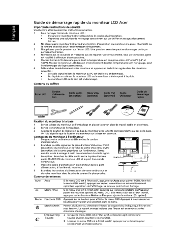 Acer V223WV Monitor Guide de démarrage rapide | Fixfr