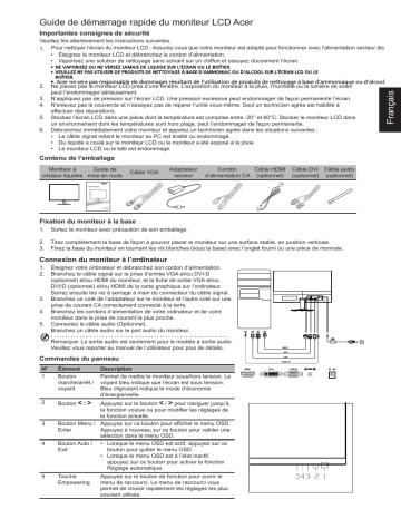 Acer HA270 Monitor Guide de démarrage rapide | Fixfr