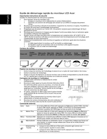 Acer V223PW Monitor Guide de démarrage rapide | Fixfr