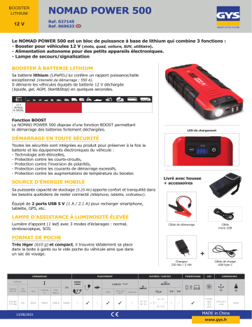 GYS BOOSTER LITHIUM NOMAD POWER 500 Fiche technique | Fixfr