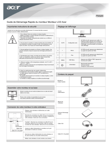 Acer AL2016W Monitor Guide de démarrage rapide | Fixfr
