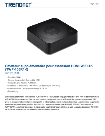 Trendnet TWP-101T 4K Wireless HDMI Extender Add-on Transmitter (for TWP-100R1K) Fiche technique | Fixfr