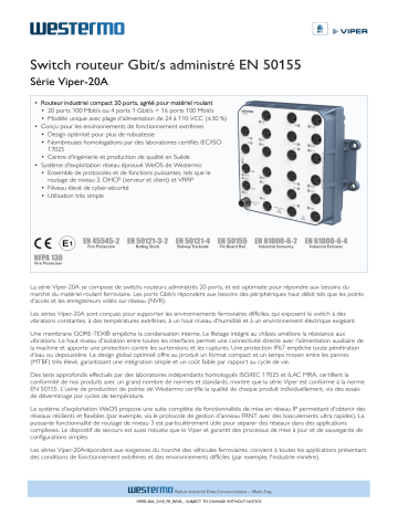 Viper-220A | Viper-220A-T4G | Westermo Viper-120A-T4G EN 50155 Managed Gbps Switch Fiche technique | Fixfr