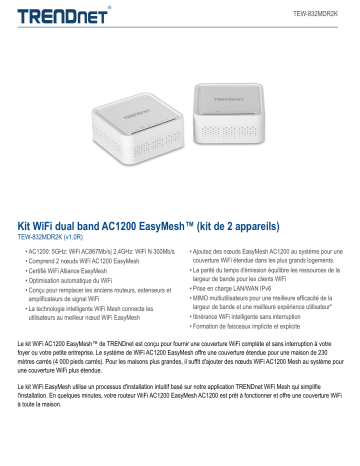 Trendnet TEW-832MDR2K AC1200 Dual Band WiFi EasyMesh Kit (2-Pack) Fiche technique | Fixfr