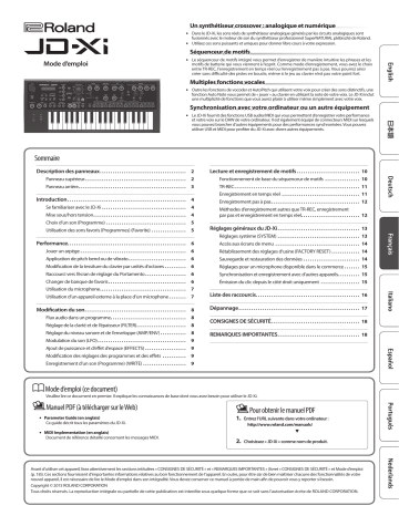 Roland JD-Xi Synthétiseur mixte interactif analogique/numérique Manuel du propriétaire | Fixfr