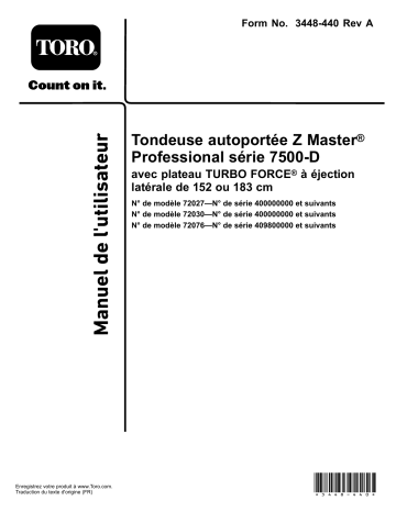 Z Master Professional 7500-D Series Riding Mower, With 72in TURBO FORCE Side Discharge Mower | Toro Z Master Professional 7500-D Series Riding Mower, With 60in TURBO FORCE Side Discharge Mower Riding Product Manuel utilisateur | Fixfr