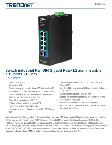 Trendnet TI-PG102i-M 10-Port Industrial Gigabit L2 Managed PoE+ DIN-Rail Switch 24 – 57V Fiche technique | Fixfr