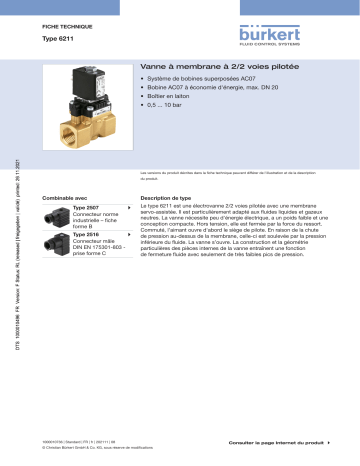 Burkert 6211 Diaphragm valve 2/2 way servo-assisted Fiche technique | Fixfr