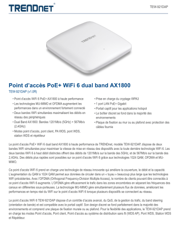 Trendnet TEW-921DAP AX1800 Dual Band WiFi 6 PoE+ Access Point Fiche technique | Fixfr