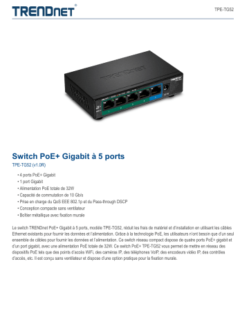 Trendnet TPE-TG52 5-Port Gigabit PoE+ Switch Fiche technique | Fixfr