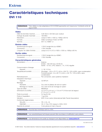 Extron DVI 110 spécification | Fixfr