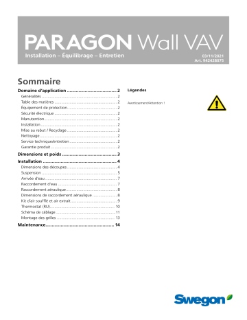 Swegon PARAGON Wall VAV Mode d'emploi | Fixfr