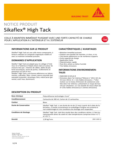 SIKA FRANCE S.A.S Sikaflex High Tack Blanc Manuel utilisateur | Fixfr