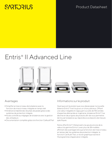 Advanced Line Precision Balance 420 g|1 mg, Internal Adjustment | Advanced Line Analytical Balance 60 g|0.1 mg, External Adjustment | Advanced Line Precision Balance 4,200 g|10 mg, Internal Adjustment | Entris II Advanced Line Analytical Balance 320 g|0.1 mg, Internal Adjustment Manuel utilisateur | Fixfr