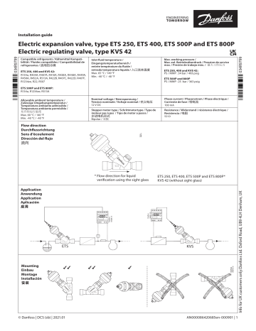 ETS 800P | ETS 400 | Danfoss ETS 500P Electric expansion valve, type 250, 400, and 800PElectric regulating valve, type KVS 42 Guide d'installation | Fixfr