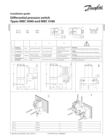 MBC 5180 | Danfoss MBC 5080 Differential pressure switch, types and 5180 Guide d'installation | Fixfr
