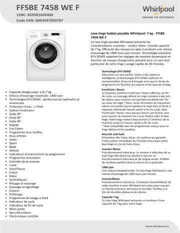 Whirlpool FFSBE 7458 WE F Washing machine Manuel utilisateur | Fixfr