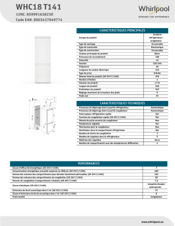 Whirlpool WHC18 T141 Fridge/freezer combination Manuel utilisateur | Fixfr