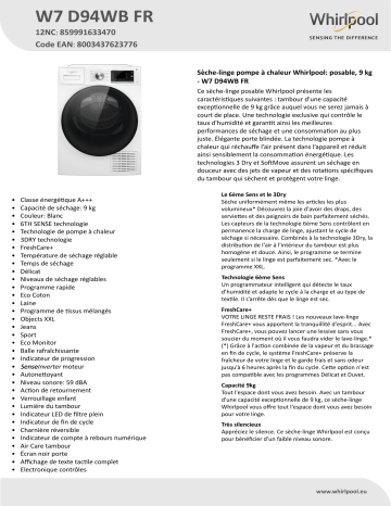 Whirlpool W7 D94WB FR Dryer Manuel utilisateur | Fixfr