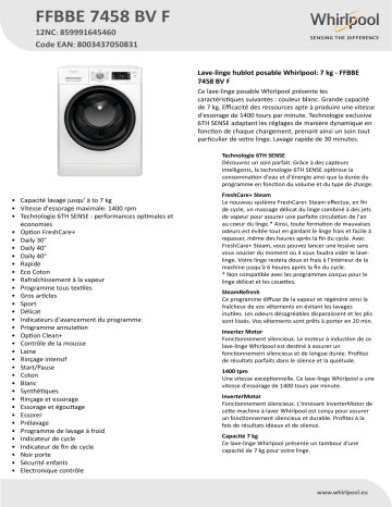 Whirlpool FFBBE 7458 BV F Washing machine Manuel utilisateur | Fixfr