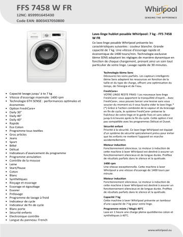 Whirlpool FFS 7458 W FR Washing machine Manuel utilisateur | Fixfr