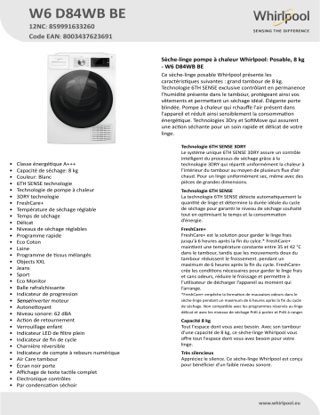Whirlpool W6 D84WB BE Dryer Manuel utilisateur | Fixfr