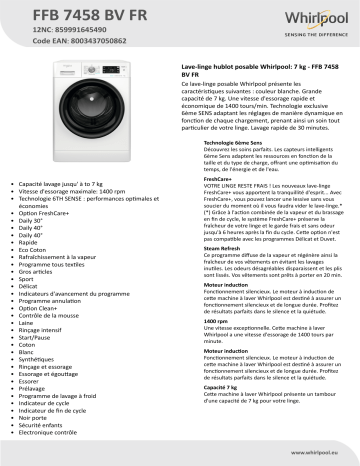 Whirlpool FFB 7458 BV FR Washing machine Manuel utilisateur | Fixfr