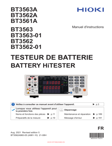 Hioki BATTERY HiTESTER BT3561A, BT3562, BT3562-01, BT3562A, BT3563, BT3563-01, BT3563A Manuel utilisateur | Fixfr