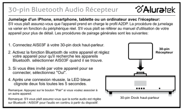 Aluratek AIS03F 30-pin Bluetooth Audio Receiver for Phones and Laptops Guide de démarrage rapide | Fixfr