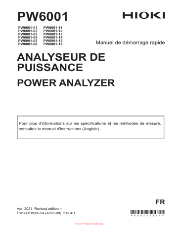 Hioki POWER ANALYZER PW6001-01, PW6001-02, PW6001-03, PW6001-04, PW6001-05, PW6001-06, PW6001-11, PW6001-12, PW6001-13, PW6001-14, PW6001-15, PW6001-16 Guide de démarrage rapide | Fixfr