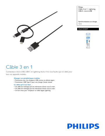 Philips DLC3104T/00 Câble 3 en 1 : Lightning, USB-C, micro-USB Manuel utilisateur | Fixfr