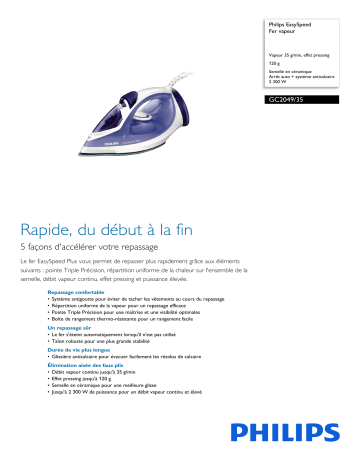 Philips GC2049/35 EasySpeed Fer vapeur Manuel utilisateur | Fixfr