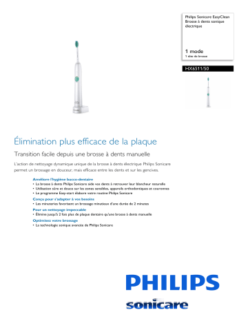 Sonicare HX6511/50 Sonicare EasyClean Brosse à dents sonique électrique Manuel utilisateur | Fixfr