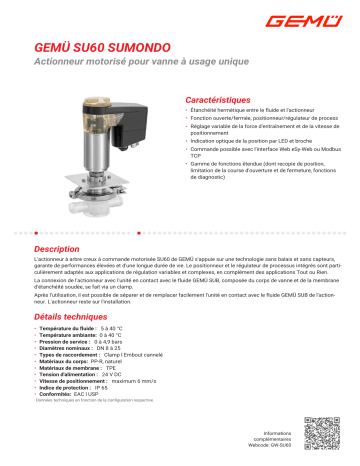 Gemu SU60 SUMONDO Elektromotorischer Antrieb für Single-Use Ventile Fiche technique | Fixfr