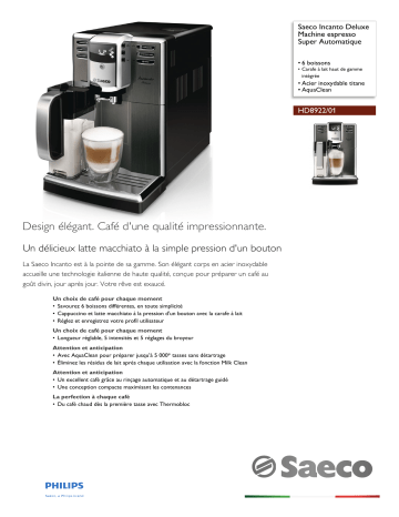 Saeco HD8922/01 Saeco Incanto Deluxe Machine espresso Super Automatique Manuel utilisateur | Fixfr