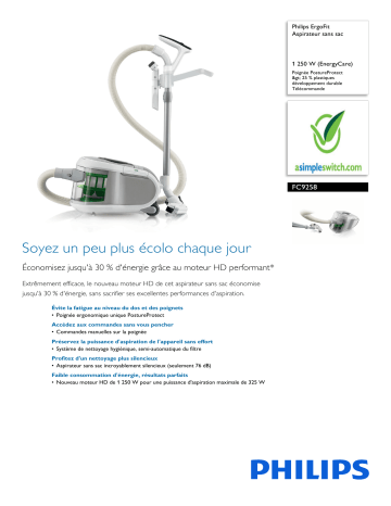 Philips FC9258/01 ErgoFit Aspirateur sans sac Manuel utilisateur | Fixfr