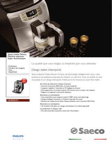 Saeco HD8906/01 Saeco Intelia Deluxe Machine espresso Super Automatique Manuel utilisateur | Fixfr