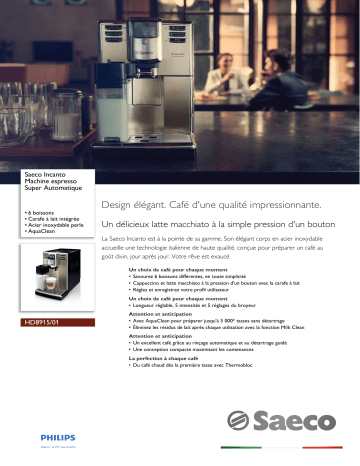 Saeco HD8915/01 Saeco Incanto Machine espresso Super Automatique Manuel utilisateur | Fixfr