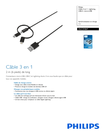 Philips DLC3106T/03 Câble 3 en 1 : Lightning, USB-C, micro-USB Manuel utilisateur | Fixfr