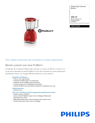 Philips HR2123/00 Daily Collection Blender Manuel utilisateur | Fixfr