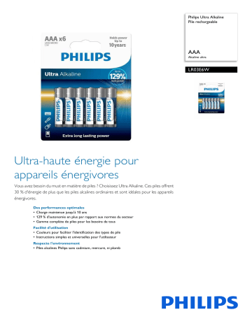 Philips LR03E6W/10 Ultra Alkaline Pile rechargeable Manuel utilisateur | Fixfr
