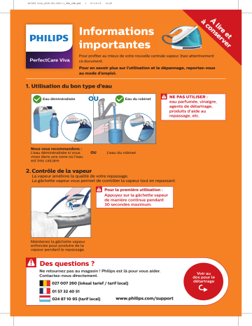 GC7015/20 | GC7039/20 | GC7035/20 | GC7036/27 | GC7038/20 | GC7011/20R1 | Philips GC7040/20 PerfectCare Viva Centrale vapeur Guide de démarrage rapide | Fixfr