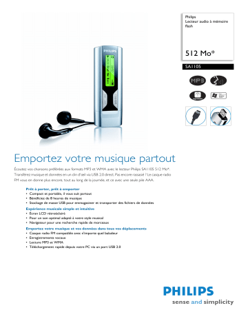 Philips SA1105/58 Baladeur audio à mémoire flash Manuel utilisateur | Fixfr