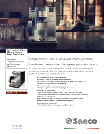 Saeco HD8921/01 Saeco Incanto Deluxe Machine espresso Super Automatique Manuel utilisateur | Fixfr